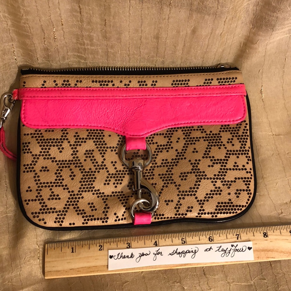 Rebecca Minkoff tan/black/neon pink leather clutch